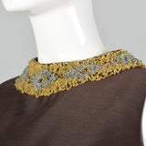 1960s Brown Shift Dress with Beaded Collar