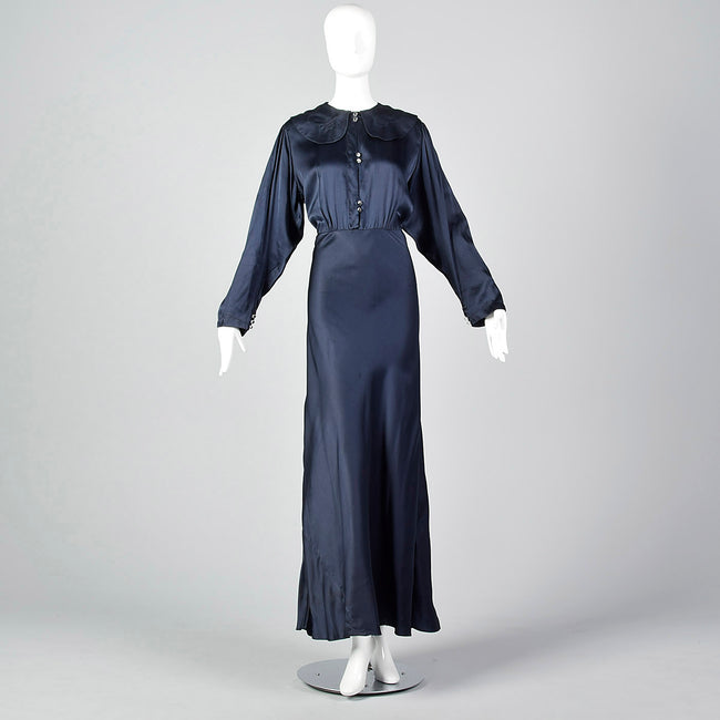 1930s Glamorous Navy Silk Dress