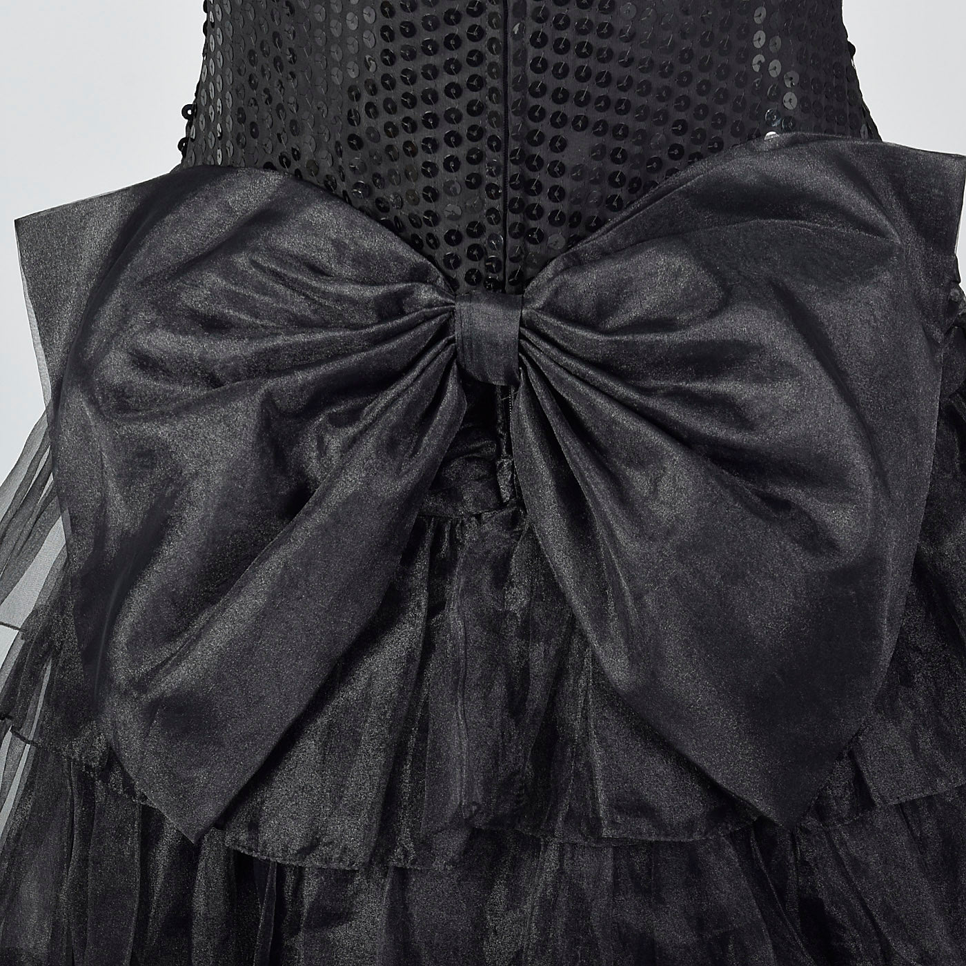 1980s Tadashi Black Sequin Dress with Drop Waist and Ruffle Skirt