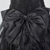 1980s Tadashi Black Sequin Dress with Drop Waist and Ruffle Skirt