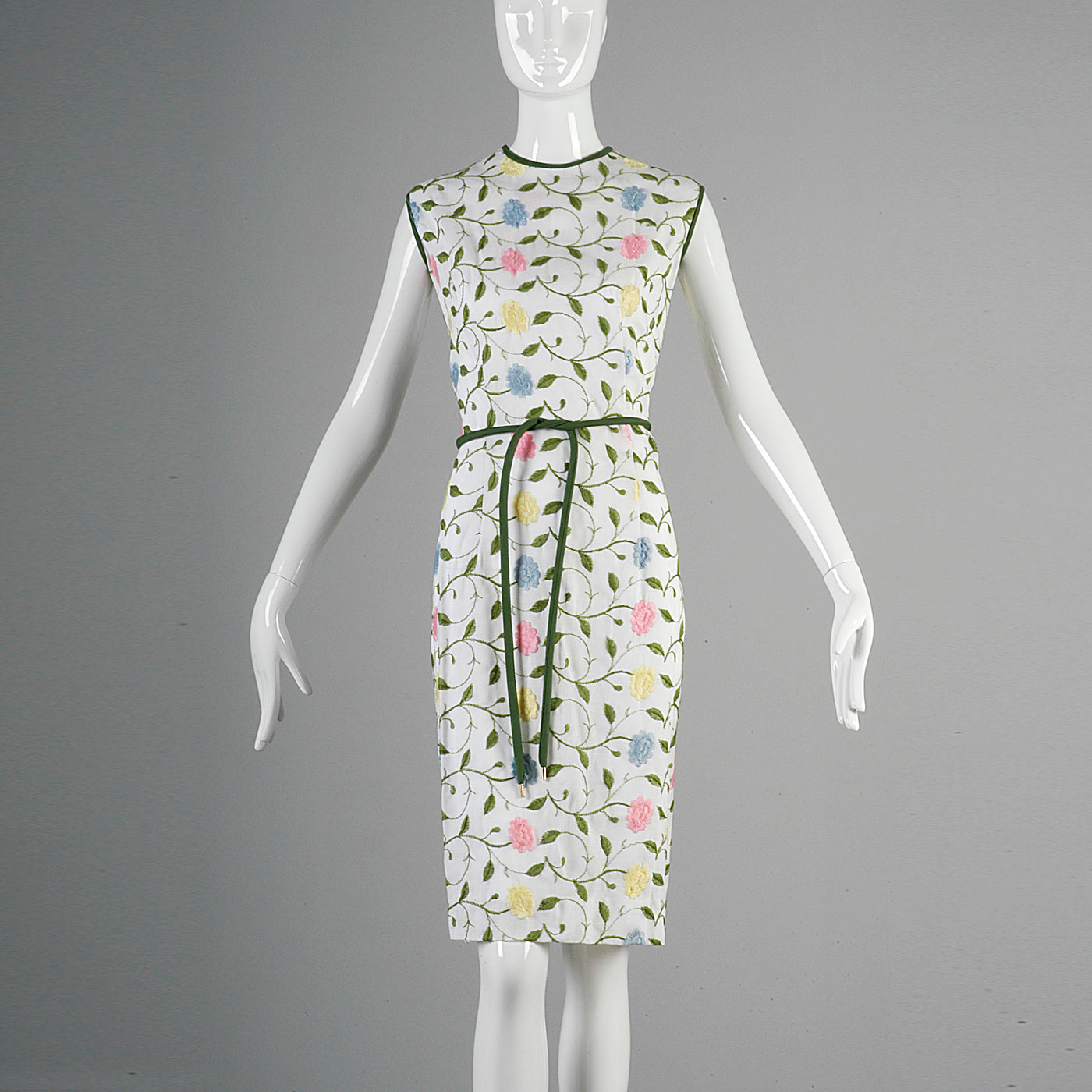 1960s White Wiggle Dress with Floral Embroidery