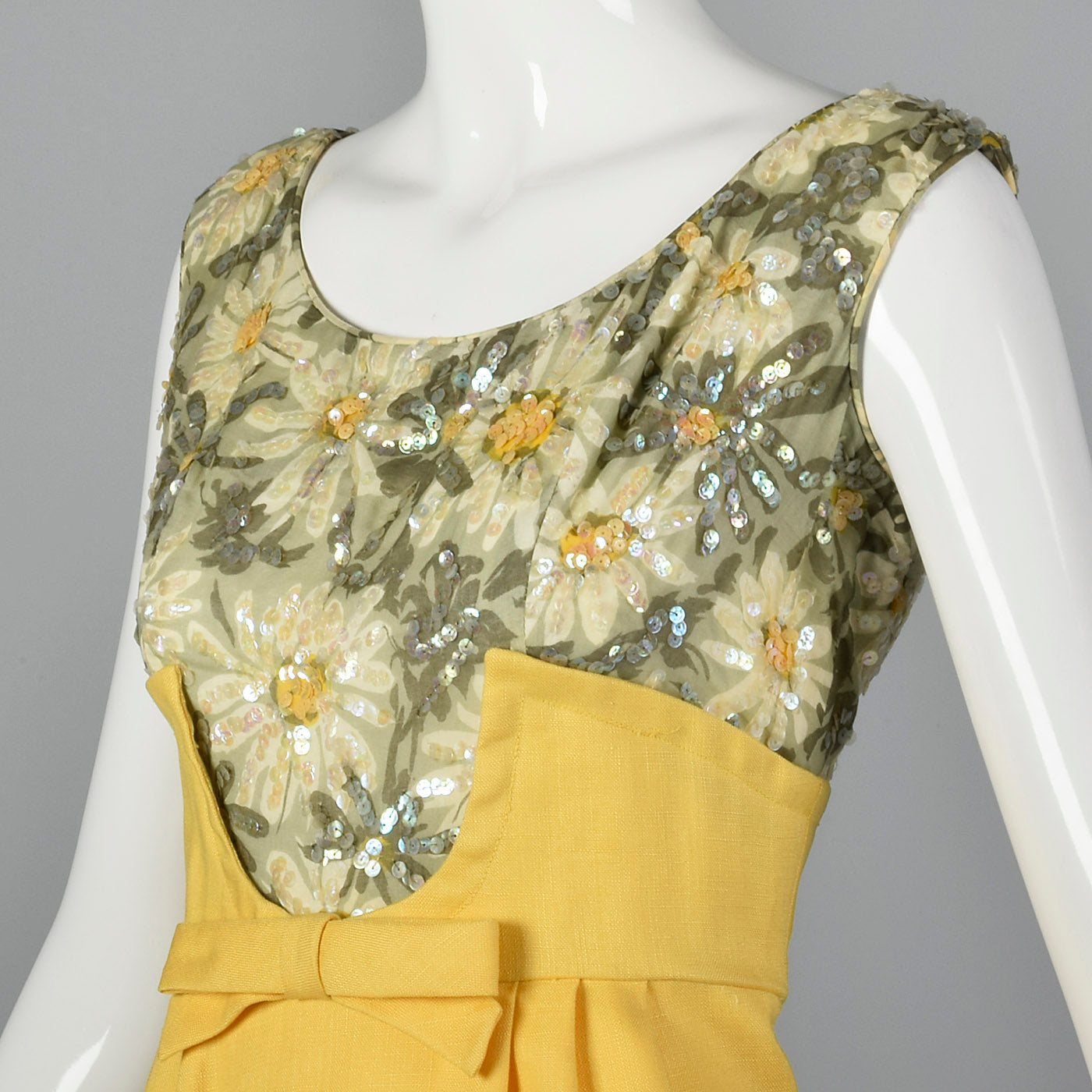 1960s Yellow Linen Dress with Sequin Floral Top