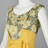1960s Yellow Linen Dress with Sequin Floral Top