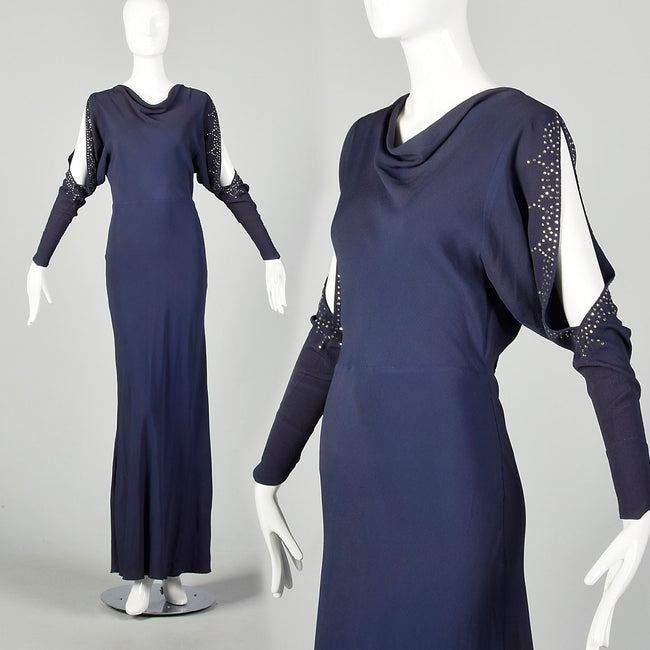 Small 1930s Blue Dress Bias Cut Rhinestone Slit Long Sleeve Evening Gown