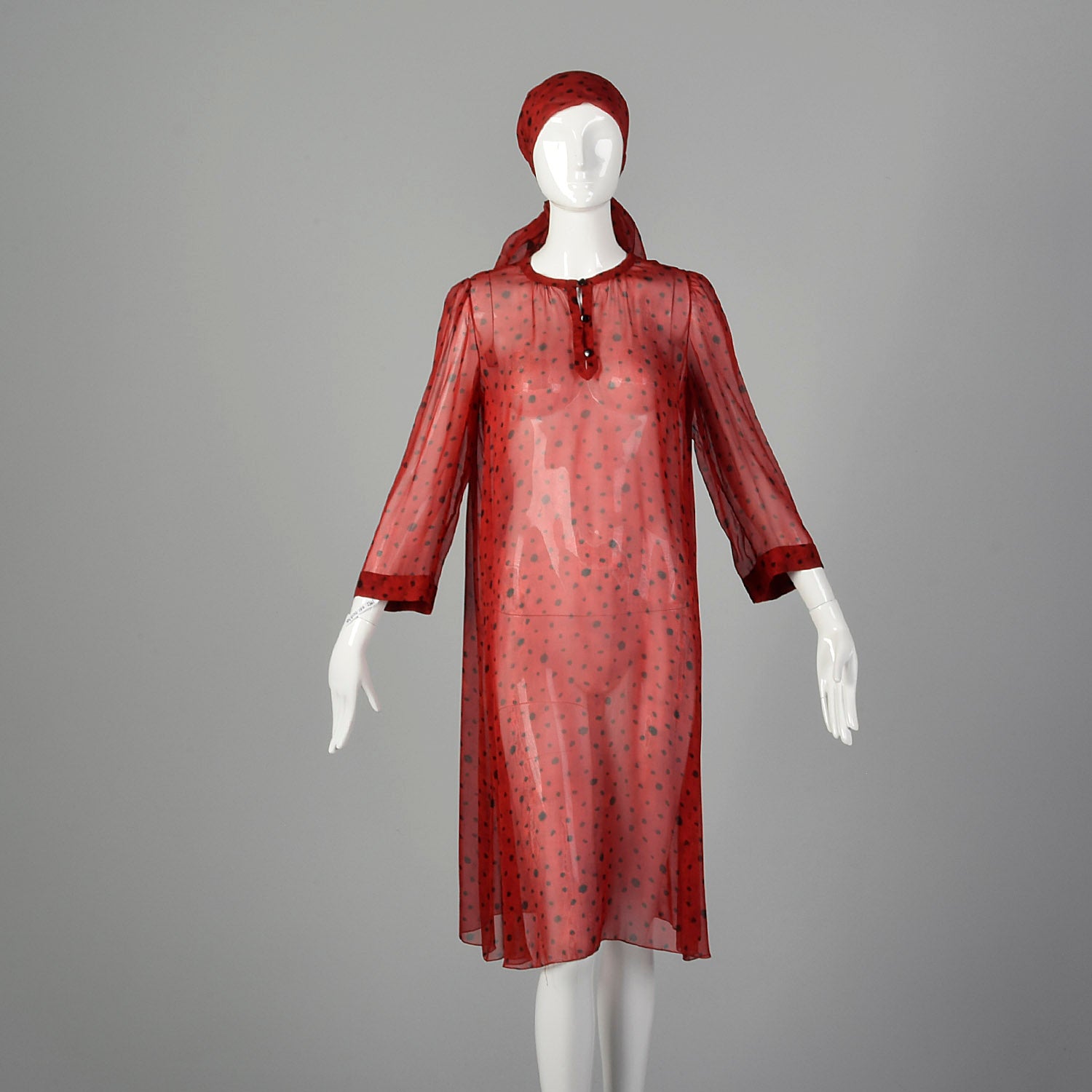 Medium 1980s Sheer Red Tunic With Scarf
