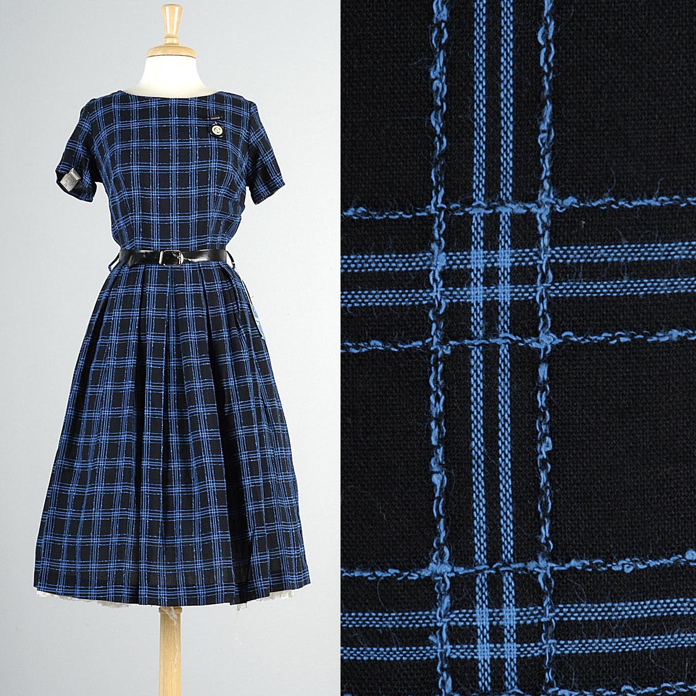 1950s Black Party Dress with Blue Windowpane Plaid