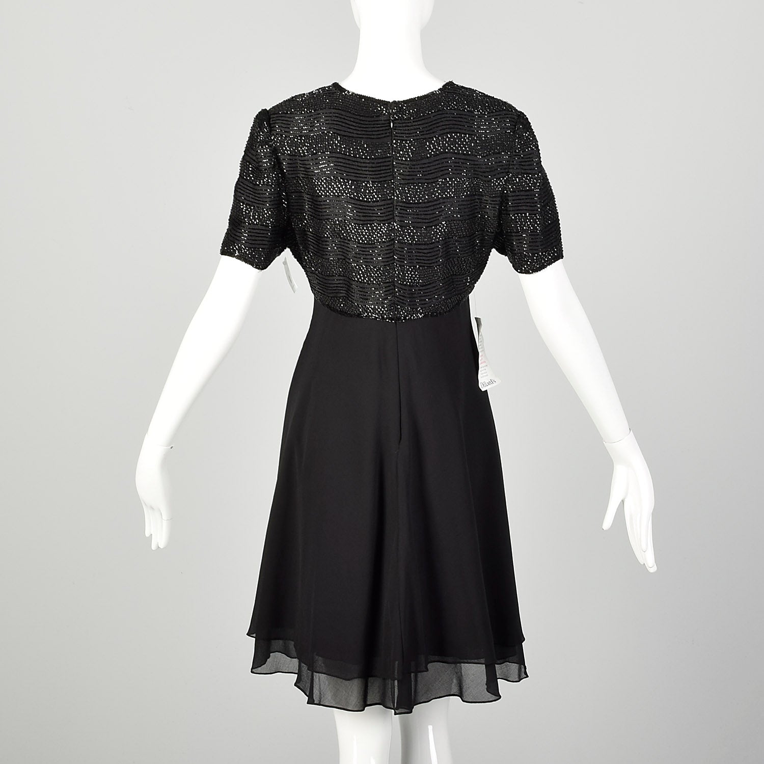 Medium 1990s Little Black Dress Beaded Short Sleeve Evening Cocktail Party LBD