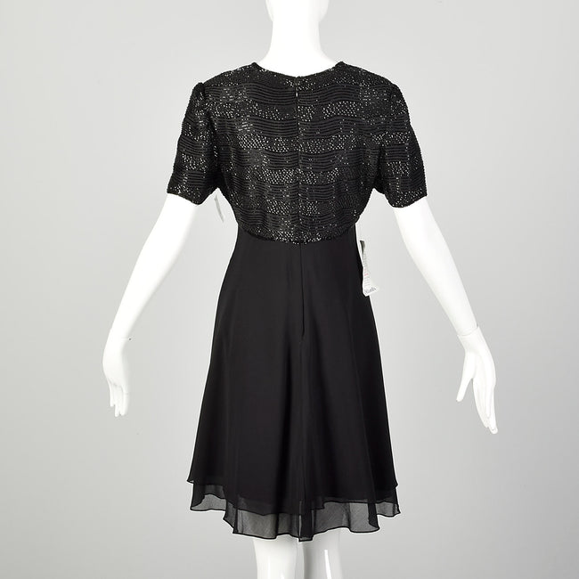 Medium 1990s Little Black Dress Beaded Short Sleeve Evening Cocktail Party LBD