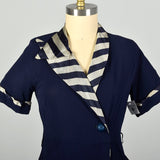 Large 1950s Asymmetric Dress Navy Striped Collar Day Dress Summer Casual