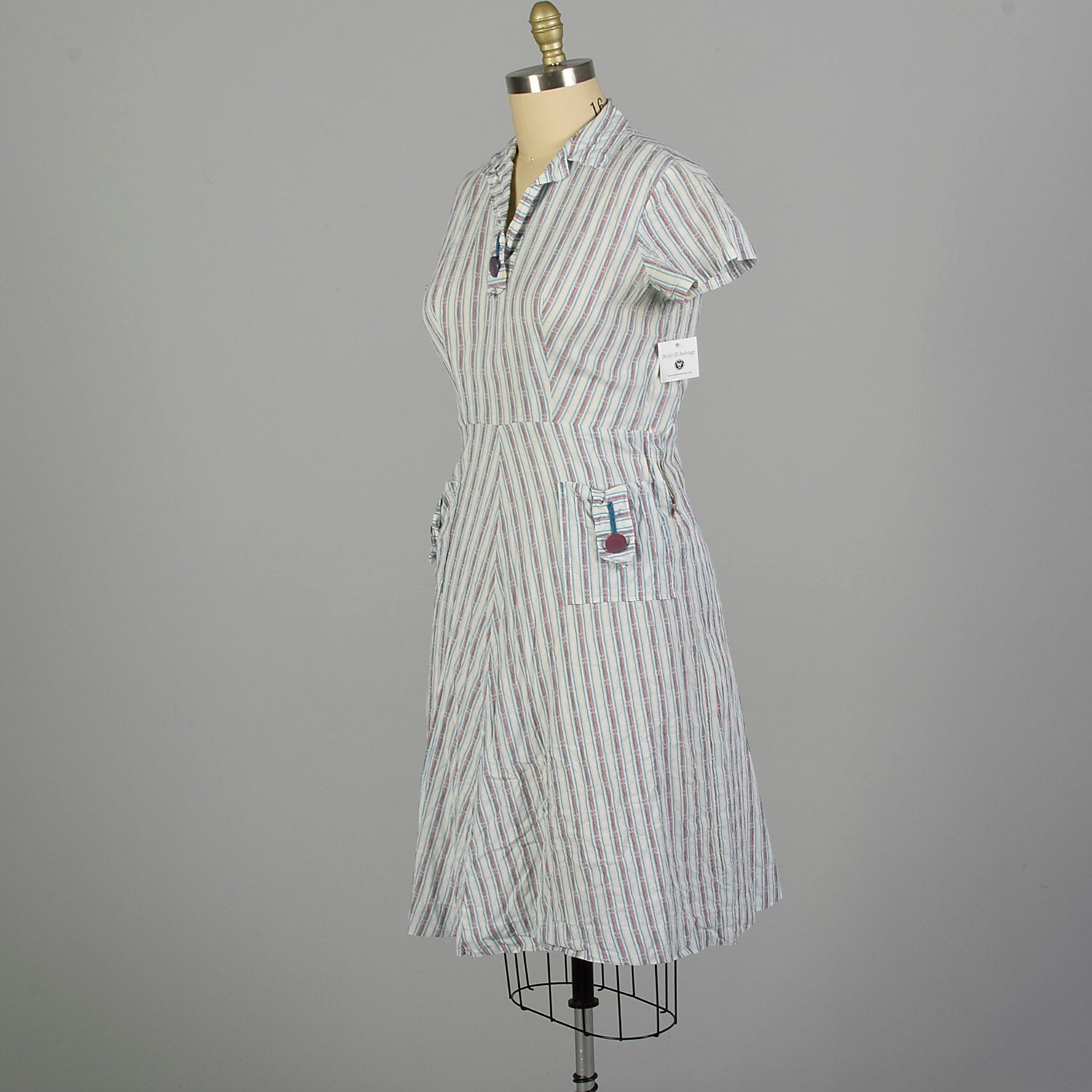 XL 1950s Day Dress Lightweight Volup Striped Casual Short Sleeve Cotton
