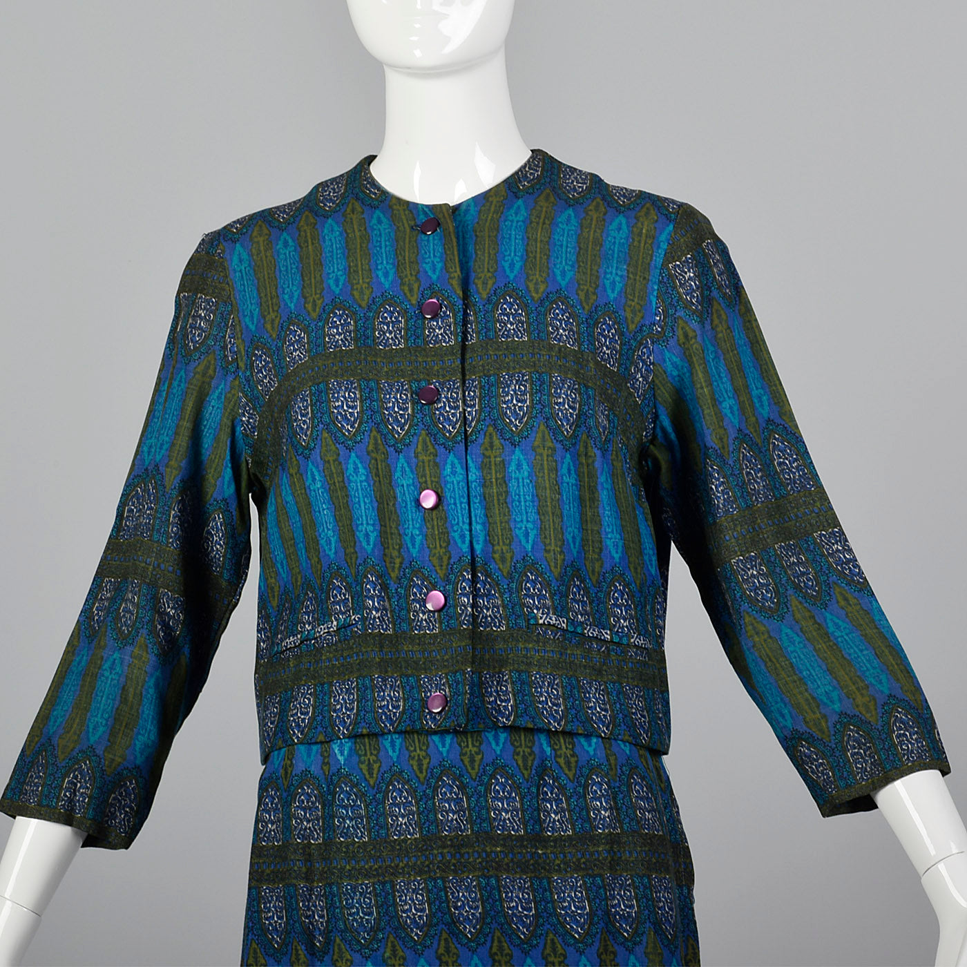 1960s Blue Printed Jacket with Matching Skirt