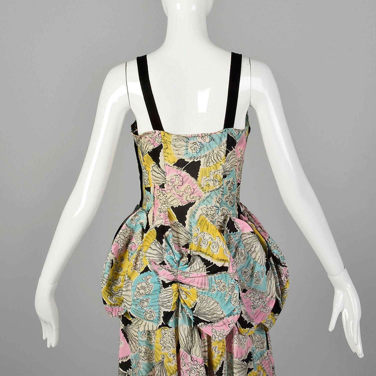 1940s Novelty Print Taffeta Evening Dress with Pastel Fans