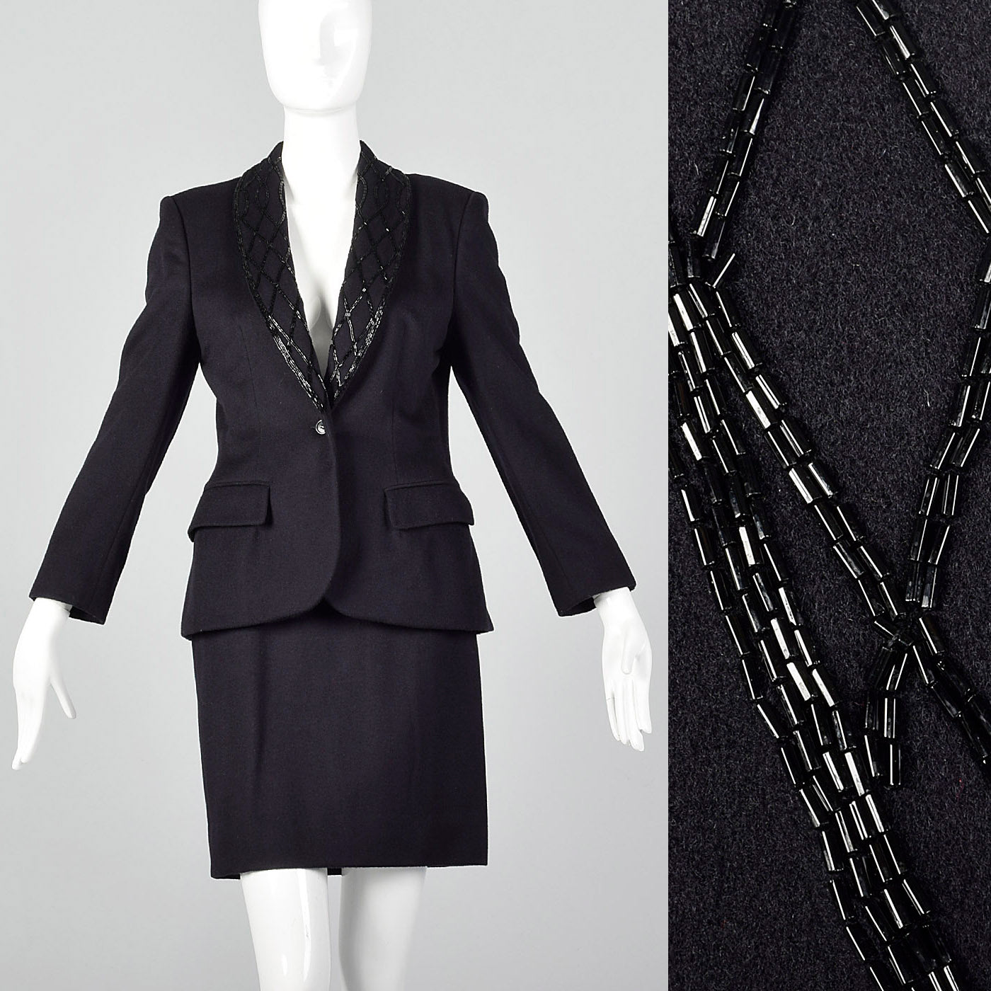 1970s Calvin Klein Dark Navy Skirt Suit with Beaded Lapels