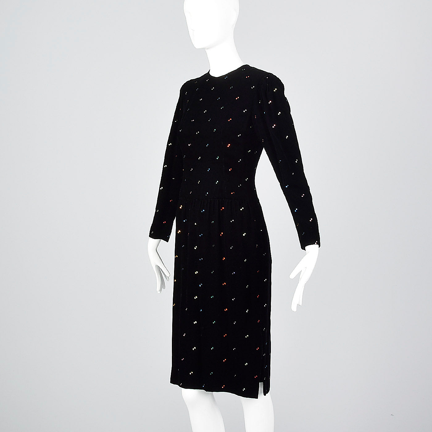 1980s Oscar de la Renta Black Velvet Dress with Rainbow Rhinestones