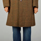 XL 1970s Jacket Brown Plaid Herringbone Wool Tweed Winter Car Coat
