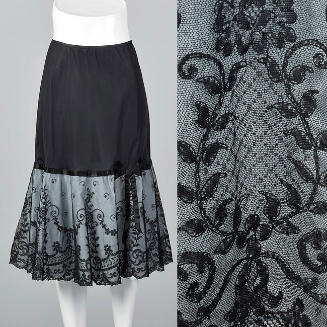 1950s Black Half Slip with Pale Blue Taffeta and Sheer Black Lace Hem