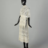 XS 1910s Cotton Lace Dress Pom Pom Fringe Cotton Lace Gauze