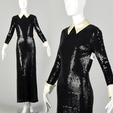 Small 1970s Kiki Hart Dress Disco Black Sequin Maxi Long Sleeve Evening Gown