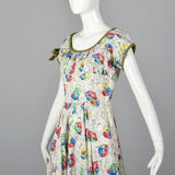 1950s White Summer Dress with Floral Print