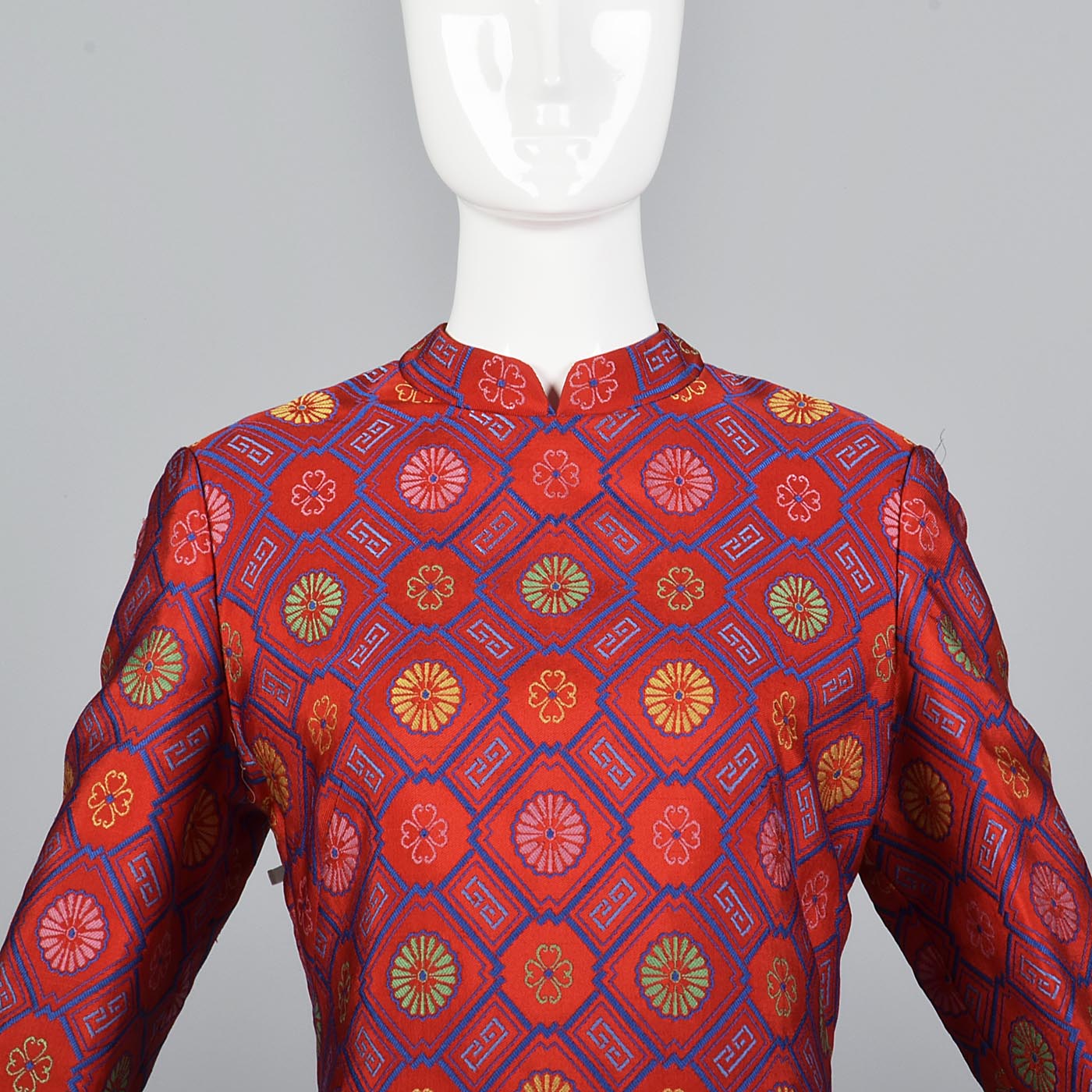 1970s Adele Simpson Red Silk Brocade Dress