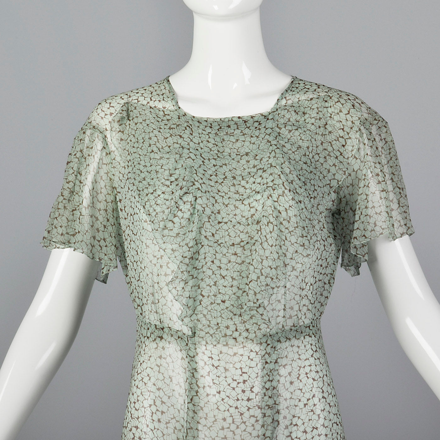 1930s Sheer Blue Silk Dress with Geometric Print