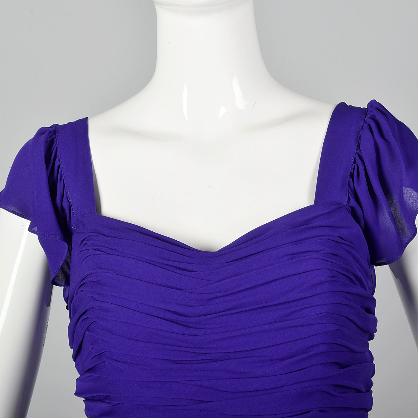 1980s Purple Gown with Ruched Bodice and Flutter Cap Sleeves