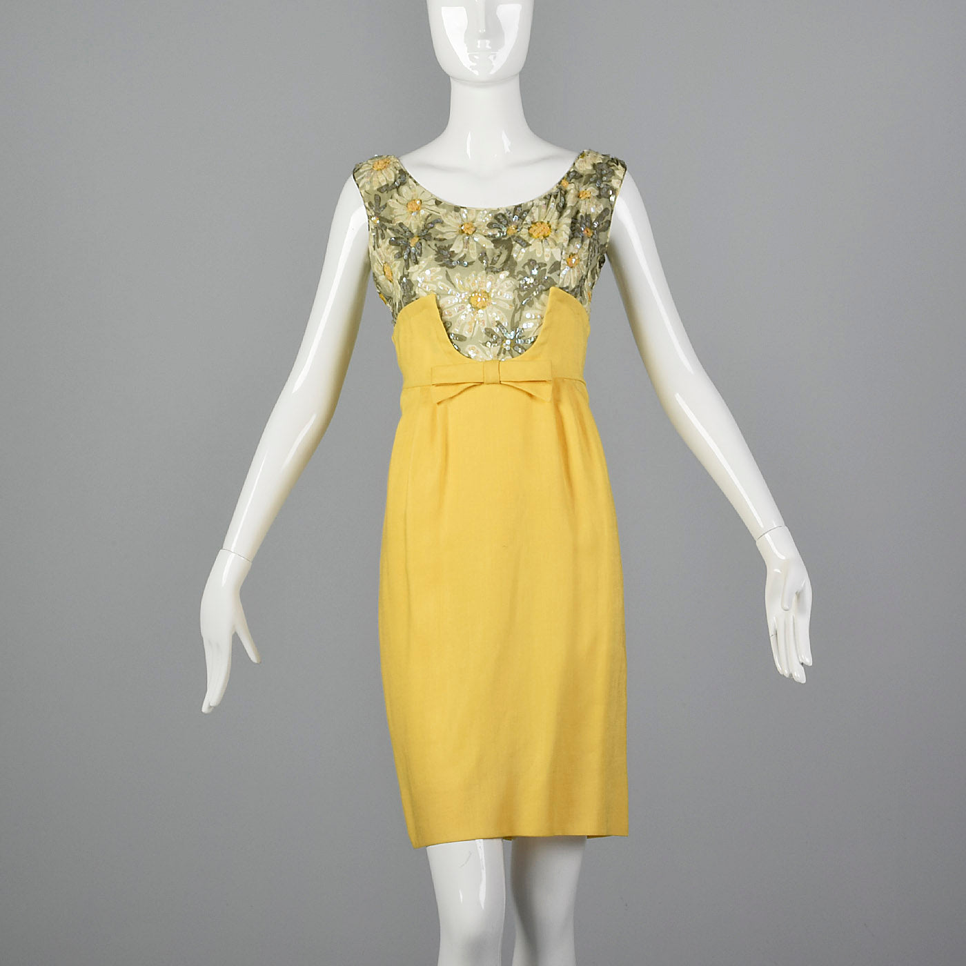 1960s Yellow Linen Dress with Sequin Floral Top
