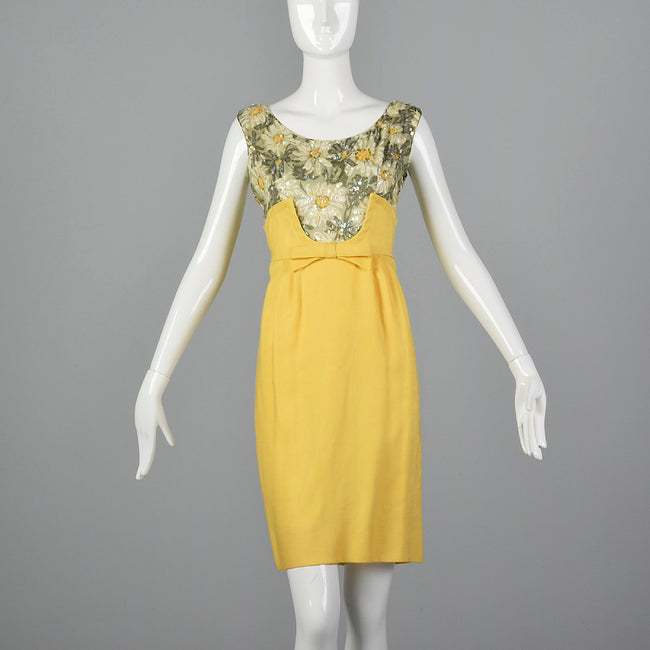 1960s Yellow Linen Dress with Sequin Floral Top