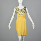 1960s Yellow Linen Dress with Sequin Floral Top
