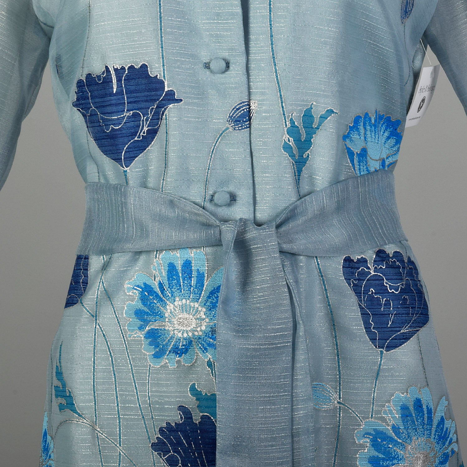 Large 1970s Dress Blue Lightweight Flower Long Sleeve Tassel Belted