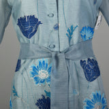 Large 1970s Dress Blue Lightweight Flower Long Sleeve Tassel Belted