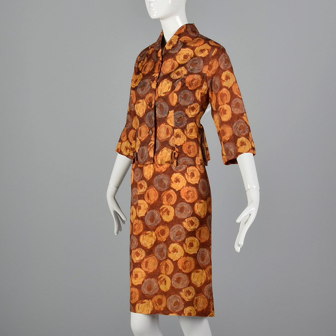 1960s Brown Swirl Print Dress and Jacket Set