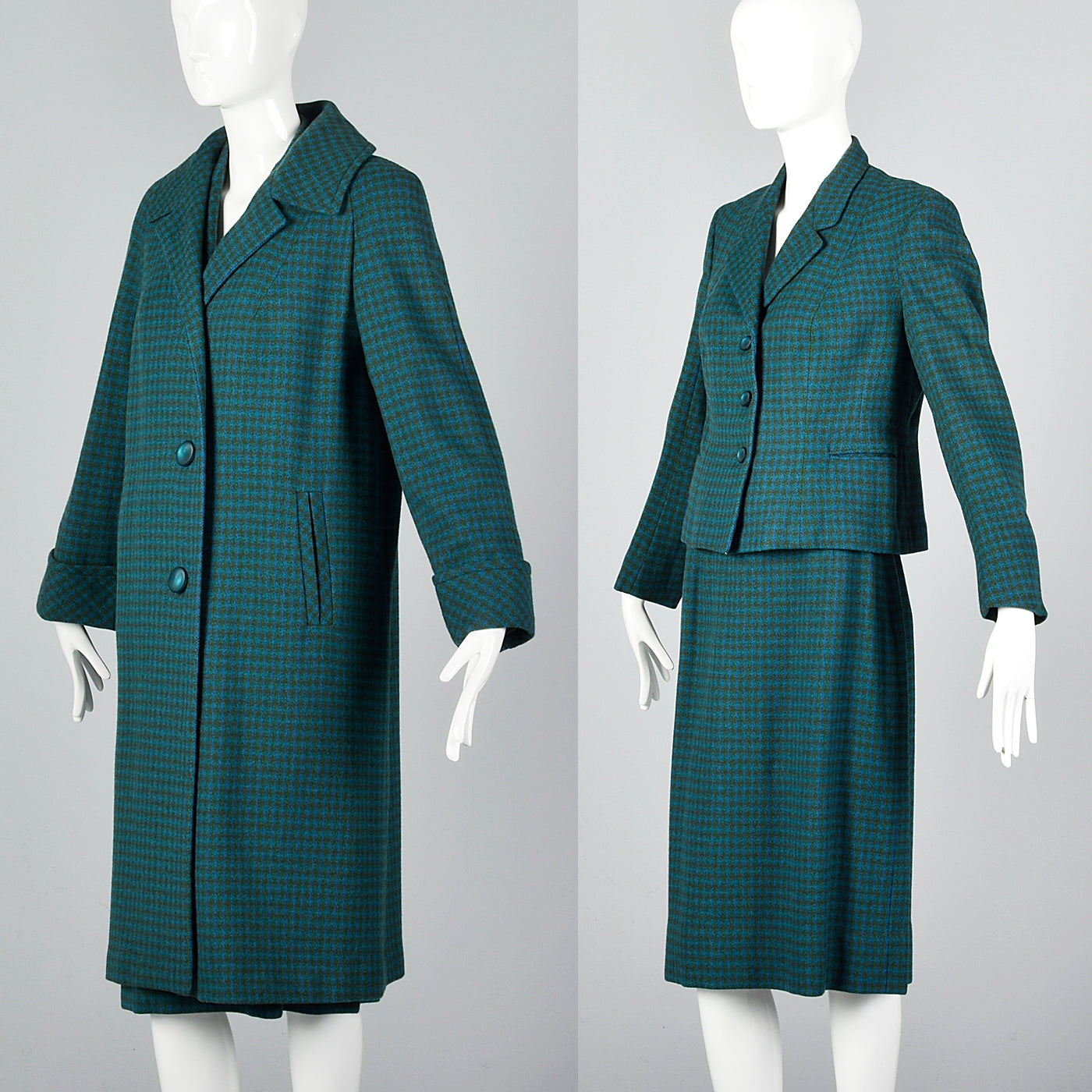 1960s Three Piece Skirt Suit with Matching Winter Coat in Green & Blue Wool