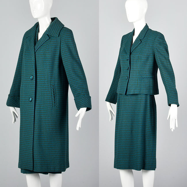 1960s Three Piece Skirt Suit with Matching Winter Coat in Green & Blue Wool