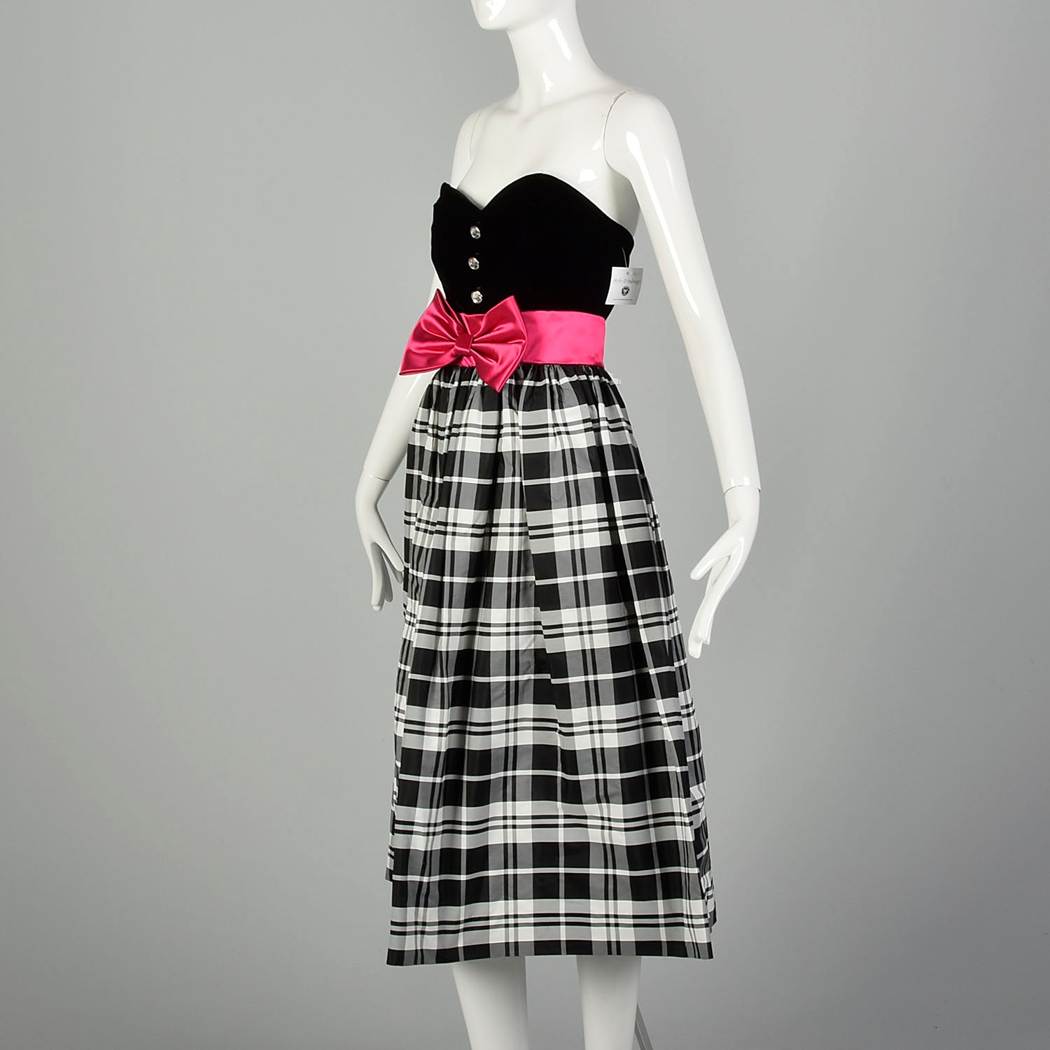 XL 1980s Black Prom Dress Strapless Velvet Plaid Formal Evening