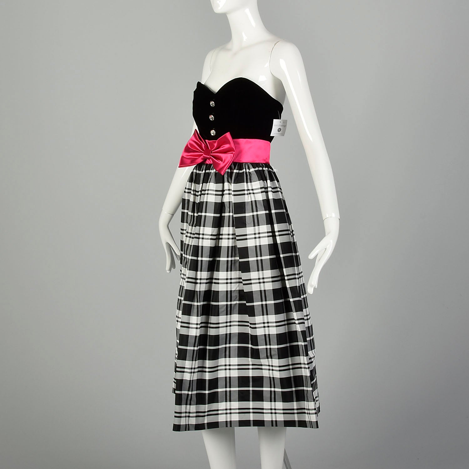 XL 1980s Black Prom Dress Strapless Velvet Plaid Formal Evening Style & Salvage XL 1980s Black Prom Dress Strapless Velvet Plaid Formal Evening Style & Salvage