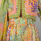 Medium 1970s Victor Costa Maxi Dress Set Abstract Boho Floral Print Long Sleeve Pussy Bow Embellished Bohemian Vest