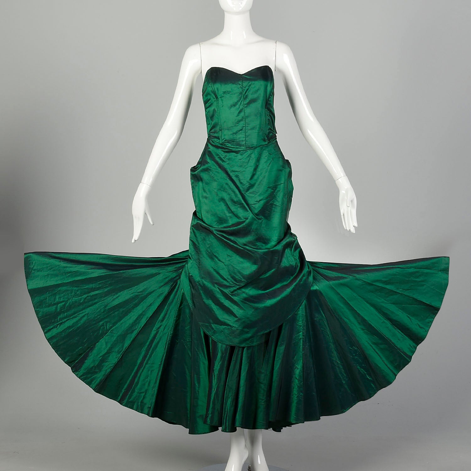Small 1980s Dress Formal Green Taffeta Mermaid Strapless Evening Prom Gown