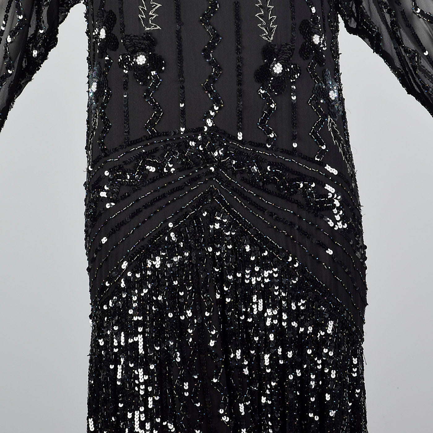 1990s Oleg Cassini Black Silk Beaded Dress