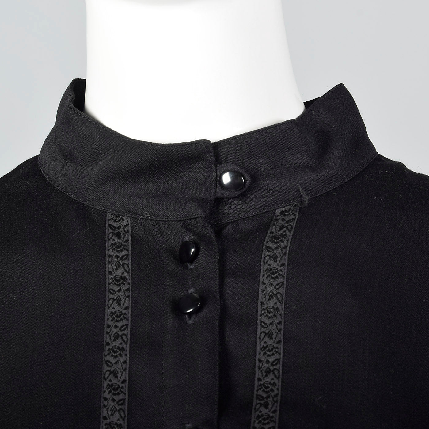 1980s Black Wool Blouse with Floral Trim