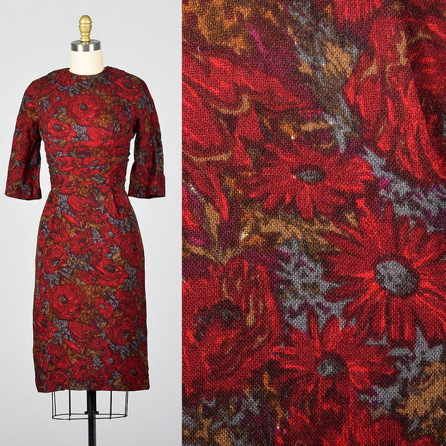 1950s Red Floral Print Dress with Great Silhouette