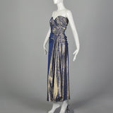 XS Blue & Gold Lamé Gown 1970s Strapless Sweetheart Neckline