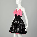 XS 1980s Black Sequin Dress Hot Pink Strapless Cocktail Mini