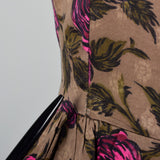 1950s Brown and Pink Rose Print Dress