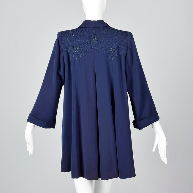 1940s Navy Blue Gabardine Swing Coat with Beading