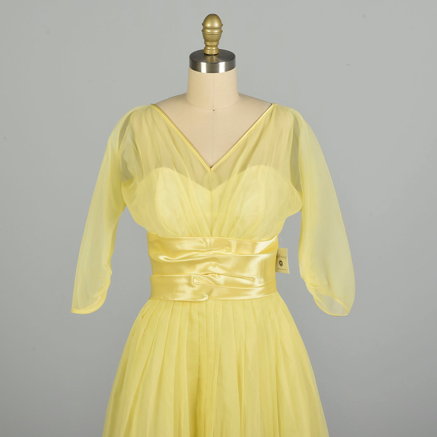 Medium 1950s Lemon Yellow Semi-Sheer Cummerbund Evening Party Prom Dress
