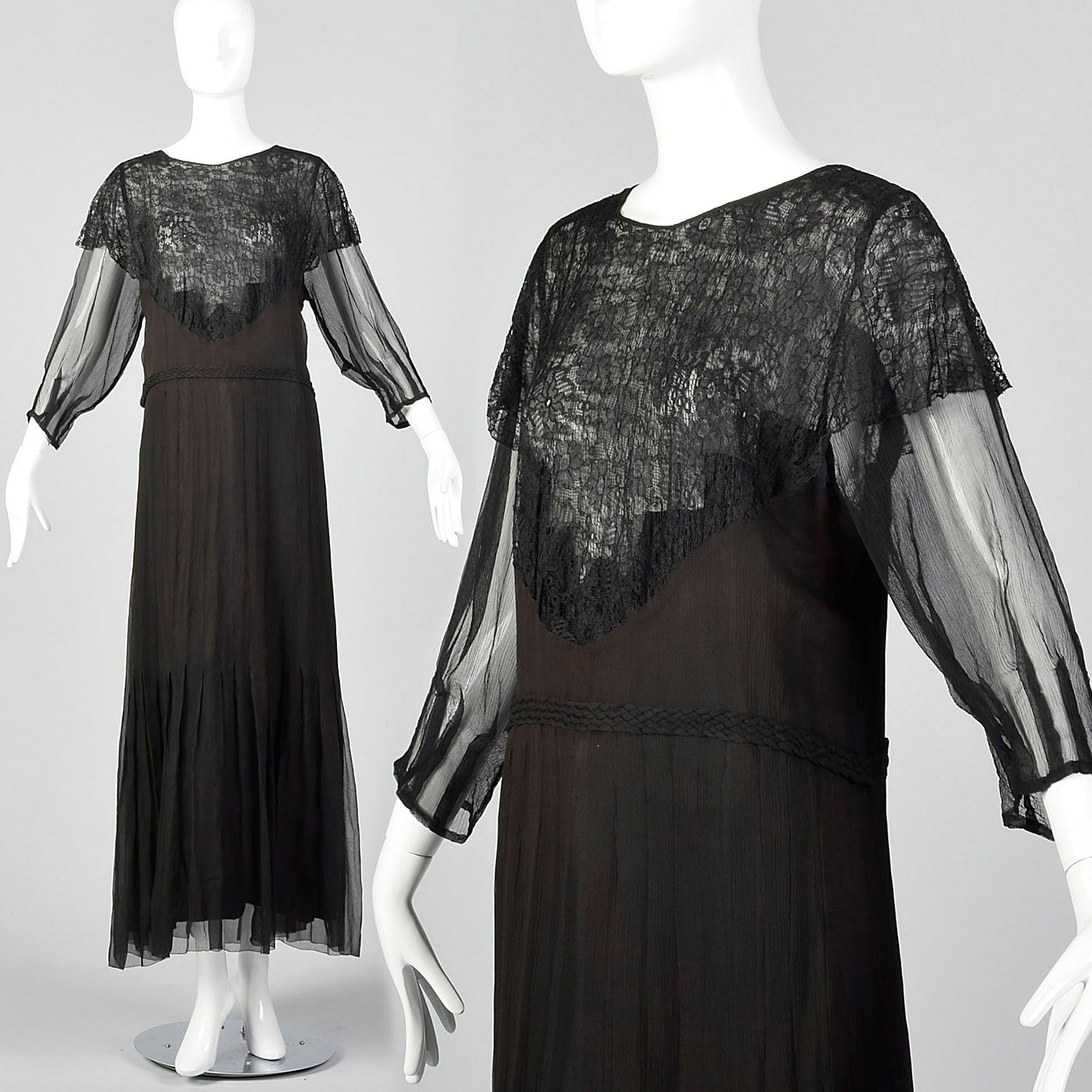 1930s Black Silk Dress with Sheer Lace Bust Panel