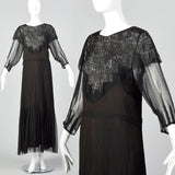 1930s Black Silk Dress with Sheer Lace Bust Panel