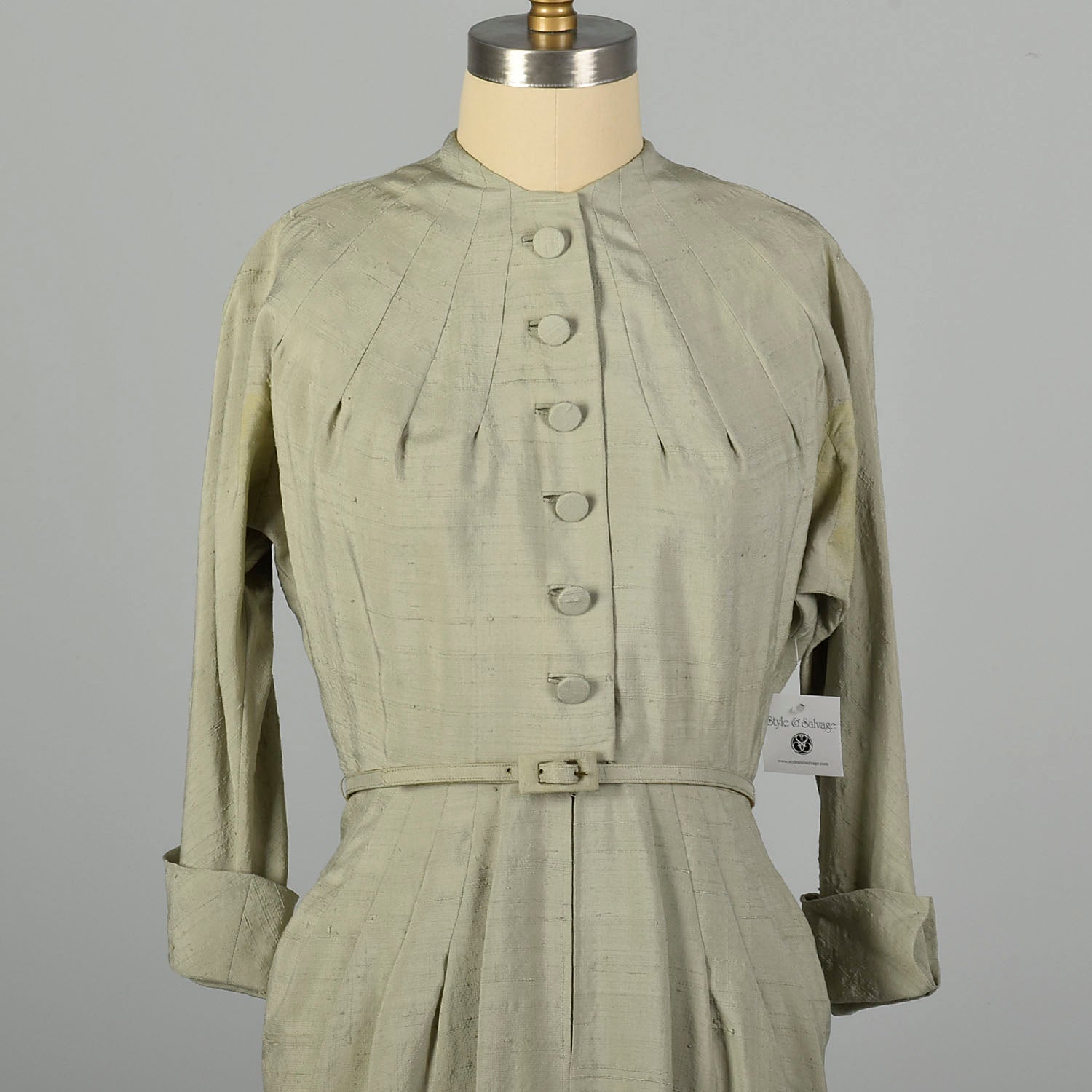 Medium 1950s Dress Designer Sage Green Lightweight Silk Long Sleeve
