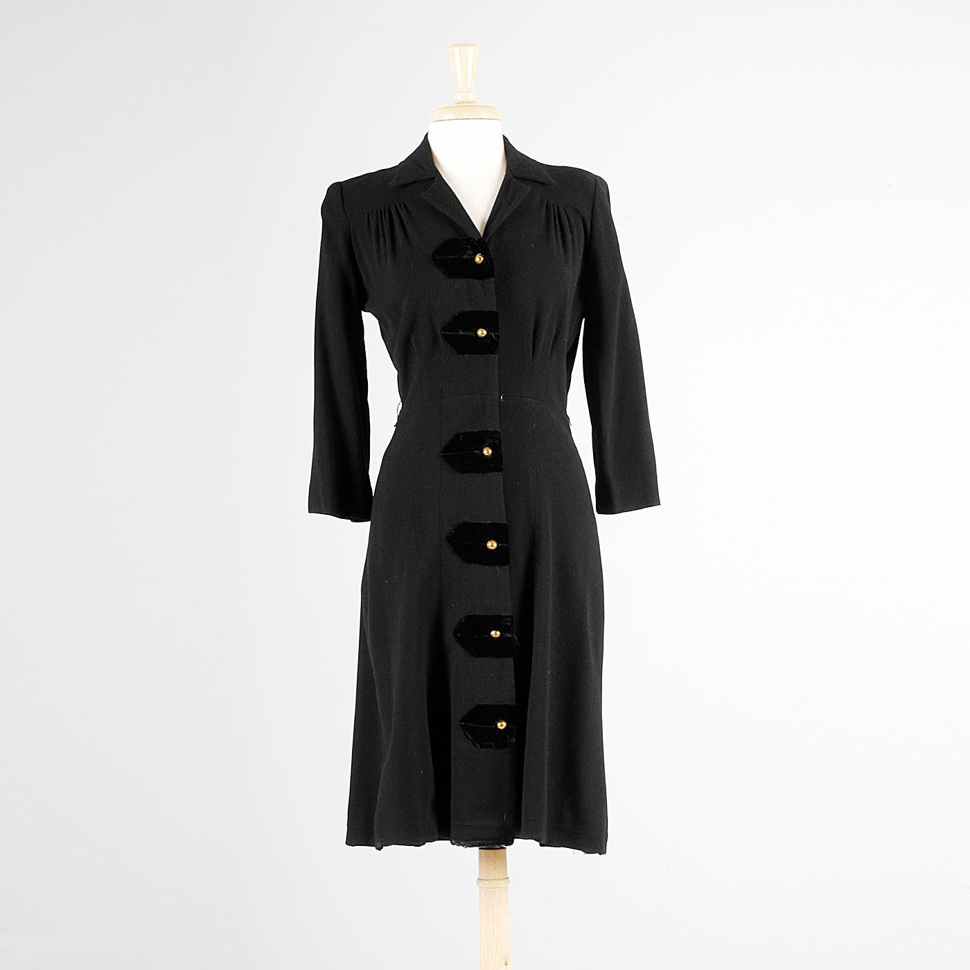 1940s Black Wool Dress with Velvet Detail